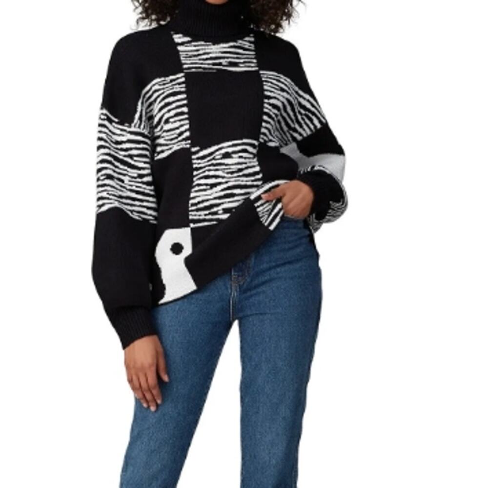 Staud Zedd black white Oversized colorblock zebra knit turtleneck sweater xs